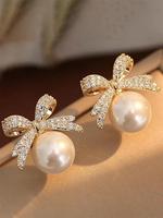 Summer Faux Pearl & Rhinestone Decor Bow Design Dangle Earrings, Elegant Jewelry for Women for Party, Daily Clothing Decor, T...