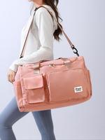 2025 Summer Women's Fashion Large Capacity Travel Bag, Solid Color Letter Patch Zipper Pocket Durable Travel Duffels, Portabl...