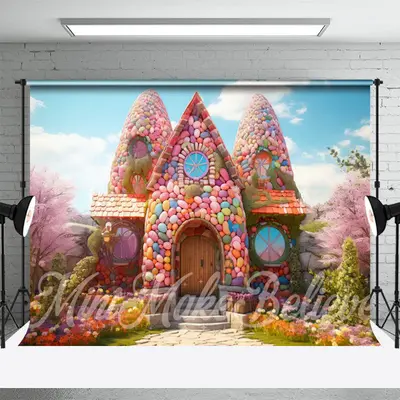 Candy Colorful Eggs House Sakura Easter Backdrop - Aperturee