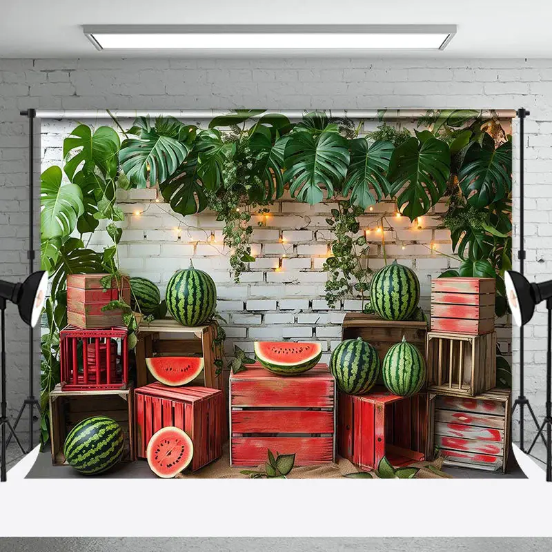 Green Leaves Watermelon Brick Wall Summer Backdrop - Aperturee