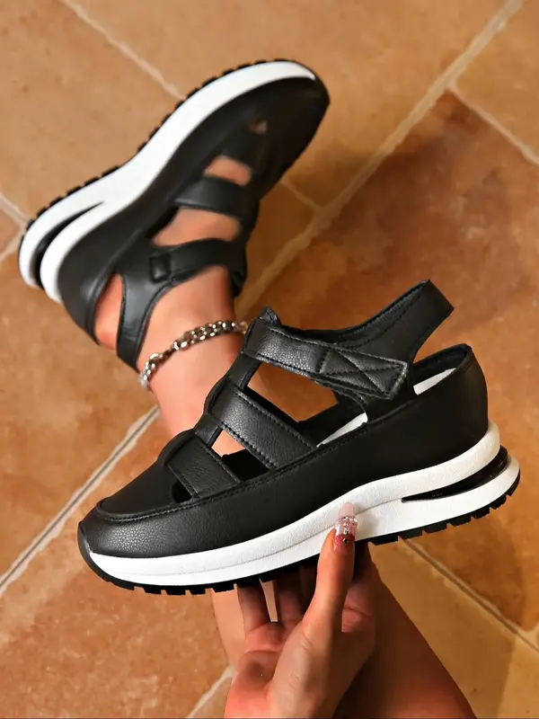 Fashionable Black Comfortable Soft Solid Color Sandals, Casual Versatile Velcro Platform Sandals for Summer, All-match Lightw...