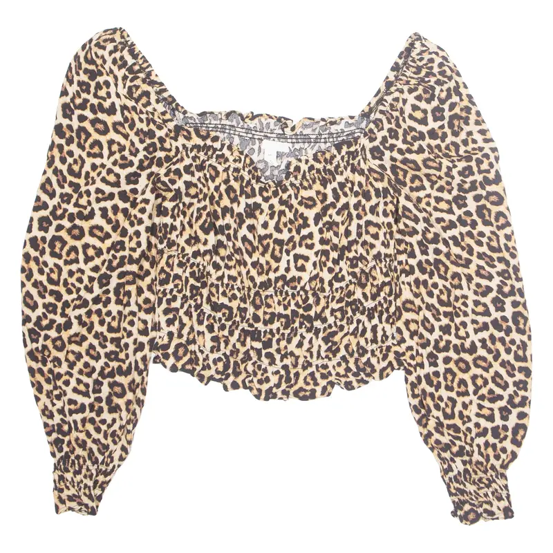 H&M Womens Printed Top Brown Long Sleeve Viscose Animal Print L
