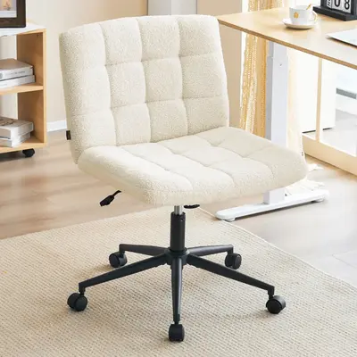 Furnimart Furry Oversized Swivel Criss Cross Chair with Wheels, Wide Armless Desk Chair for Home Office, Linen & Leather & Wo...