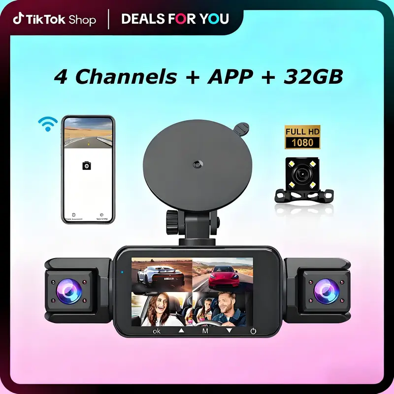 4 Channel  Car Dash Cam,Built-in Wifi Can Be Connected To Phones, 1080P Car DVR with 32GB Memory Card,Car Video Surveillance ...