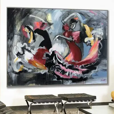 Large Acrylic Abstract Woman Painting Gray Wall Art Unique Gray Wall Decor | LET'S DANCE