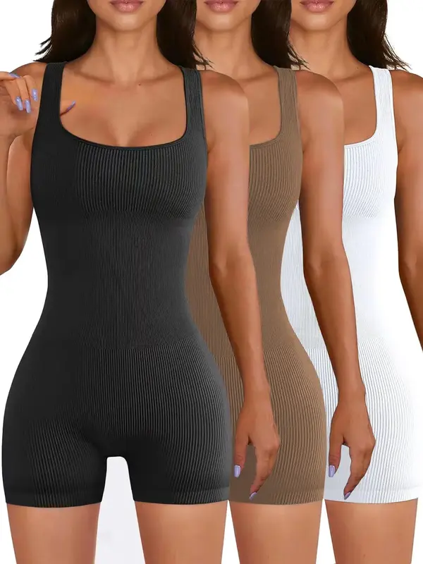 Women's Scoop Neck Sports Bodysuit, Sports Sleeveless Ribbed Romper, Summer Clothes Women, Ladies Summer Sportswear, Gym Cl...