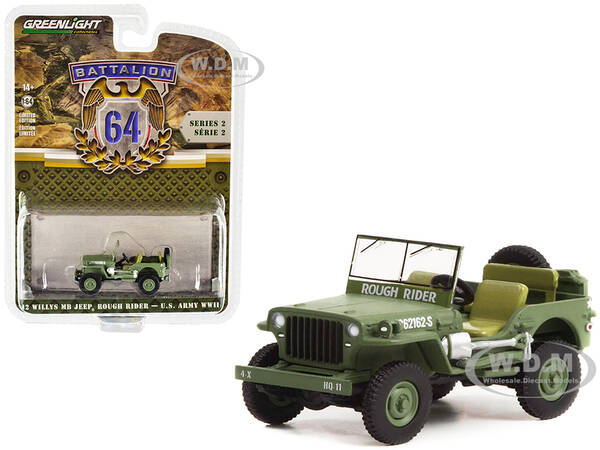 1942 Willys MB Jeep #20362162-S Green U.S. Army World War II - Rough Rider Battalion 64 Release 2 1/64 Diecast Model Car by G...
