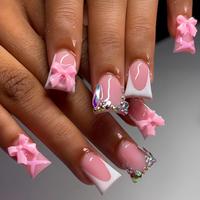 Bow Decor Fake Nails with Nail File, 24pcs Removable False Nails for Women Girls Nail Art, Effortless Press on Nails Manicure...