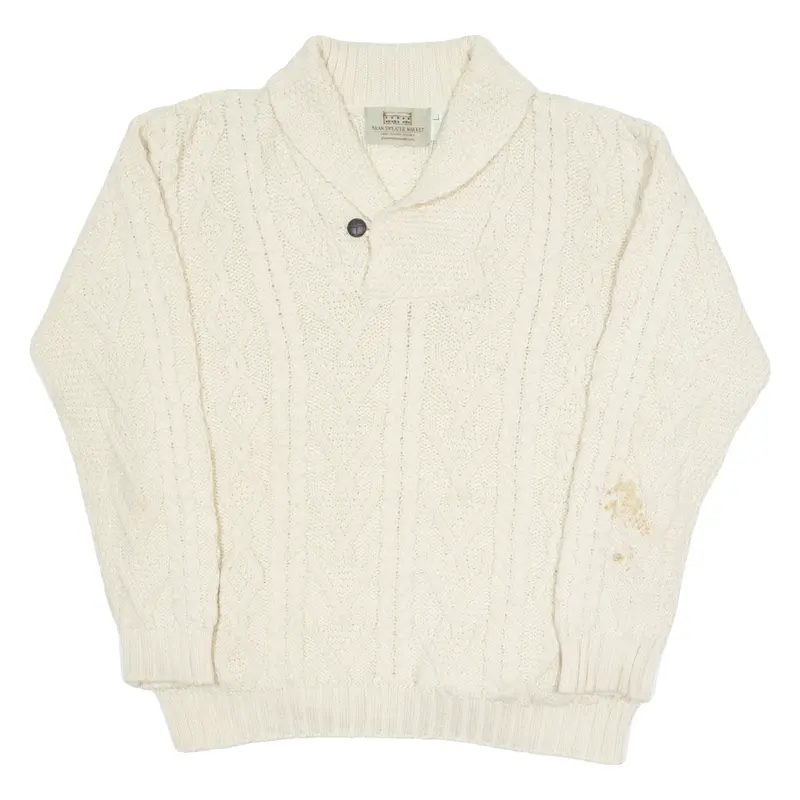 ARAN SWEATER MARKET Mens Cardigan Cream Collared Cable Knit Wool L