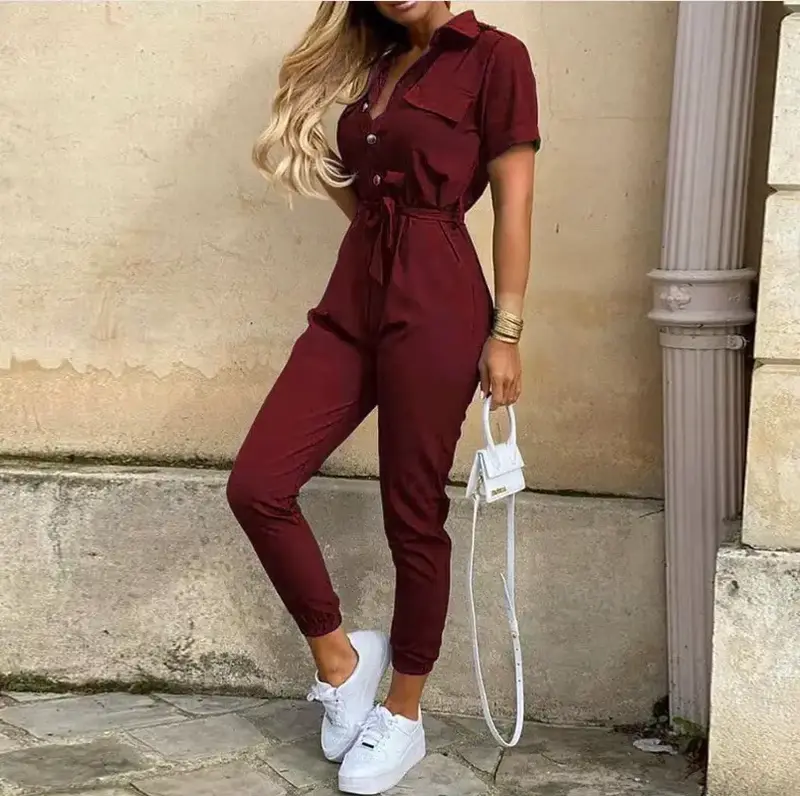 2024 Spring/Summer Women's Fashion Elegant Commuter Casual Lapel Printed Belt Work Dress Jumpsuit Does not apply