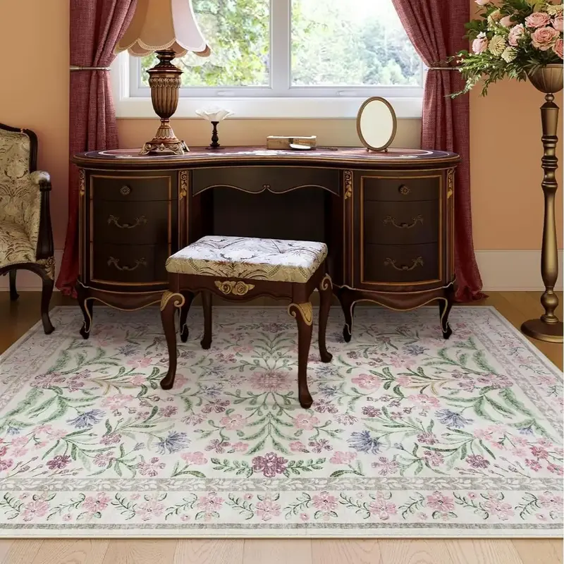 【FallFreshness】Lahome Boho Floral Area Rug – Washable, Non-Slip, Soft Thin Carpet for Living Room, Bedroom, Nursery and...