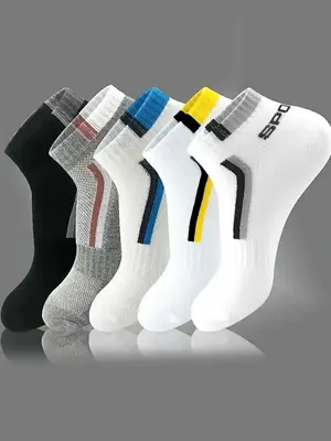 Summer 2024 Men's Colorblock Letter Print Ankle Socks, Multi-pack Comfy Breathable Knit Socks for Daily Wear, Versatile Men...