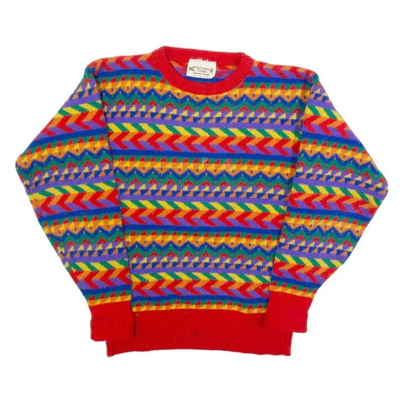 WESTMORLAND KNITWEAR Mens Patterned Jumper Blue Crazy Pattern Tight Knit Wool M