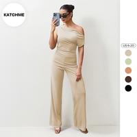 KatchMe Women's Leisure Solid Color Sloping Shoulder Slim Top & Wide Leg Trousers Co-ord