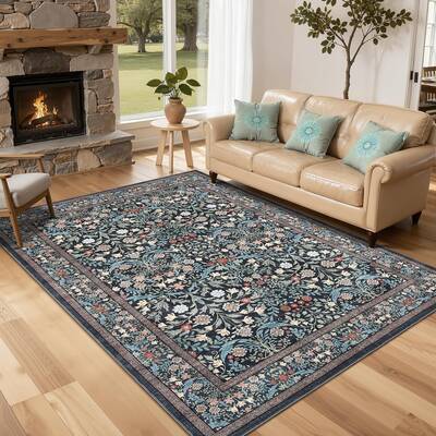 Garvee Floral 5x7 Vintage Boho Area Rug - Washable, Non-Slip, Soft Faux Wool - Stain-Resistant, Kid & Pet-Friendly - Black - ...