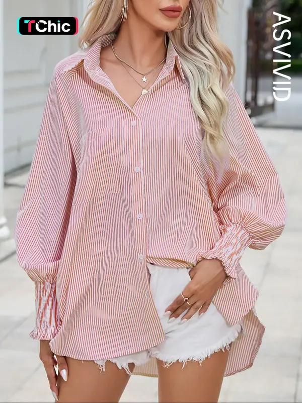 Modest Fashion Women's Striped Print Button Front Frill Trim Raglan Sleeve Pocket Design Shirt, Casual Long Sleeve Shirred Hi...