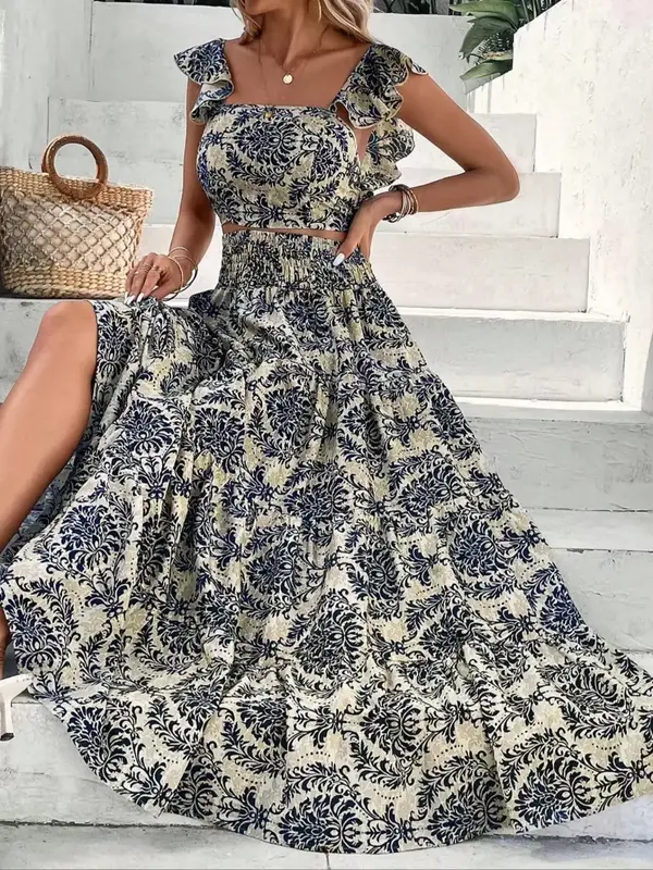 Women's Ethnic Pattern Skirt Vintage Set, Boho Butterfly Sleeve Crop Top & High Waist Ruffle Long Skirt, Ladies Fall Flatteri...