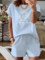 Two-Piece Set Women's Letter Sun Print Short Sleeve Tee & Elastic Waist Shorts, Casual Round Neck T-shirt & Pocket Shorts fo...