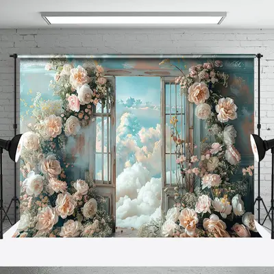 Blue Pink Floral Cloudy Scene Door And Window Backdrop