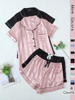 Women's Striped Jacquard Contrast Binding Satin Pyjama Set, Casual Fitted Pocket Button Lapel Shirt & Bow Decor Pj Shorts, La...