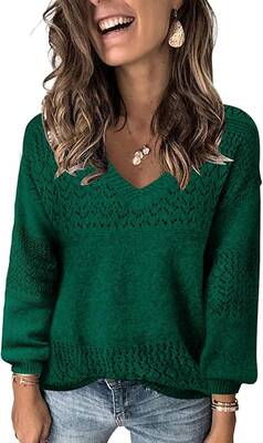 Womens Sweaters 2025 Fall V Neck Long Sleeve Hollow Knit Pullover Sweaters for Women