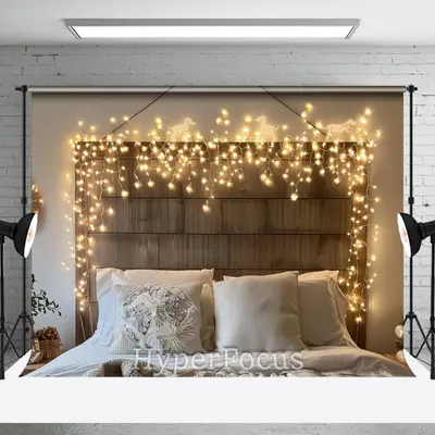 Light Twinkling White Bedding Wood Headboard Backdrop - Aperturee