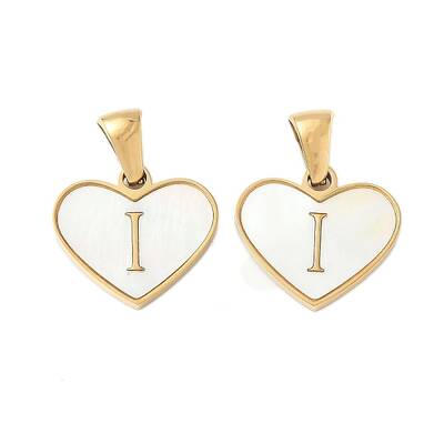 304 Stainless Steel Pave Natural White Shell Heart with Initial Slice Pendants
