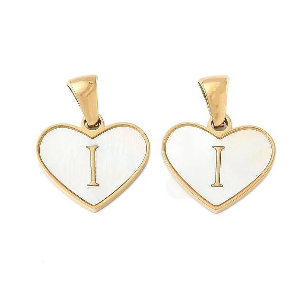 304 Stainless Steel Pave Natural White Shell Heart with Initial Slice Pendants