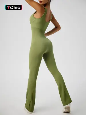 Women's Solid Ribbed Knit Sports Jumpsuit, Casual Solid Scoop Neck Jumpsuit One-piece Overalls Outfit for Yoga Gym, Summer Cl...