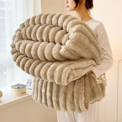 【Labor Day's Deal】Luxurious Faux Rabbit Fur Throw Blanket  -Ultra-Soft, Solid Color, Lightweight, Classic Stripe Pattern,...