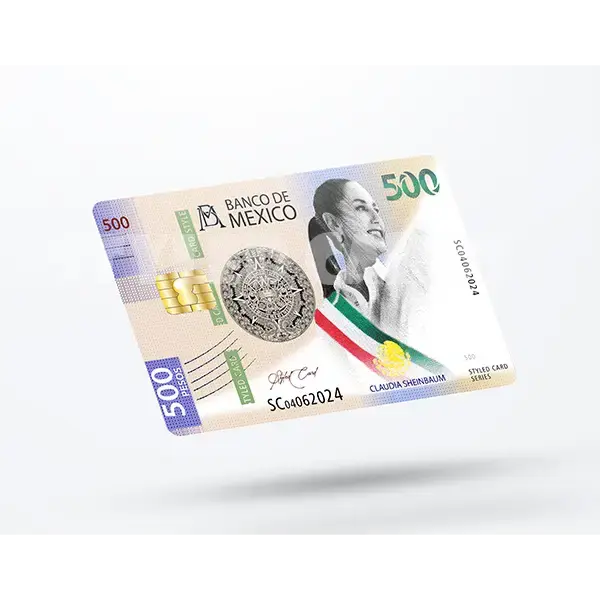 500 pesos of claudia sheinbaum pardo credit card skin/sticker