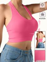 Women’s Ribbed Halter Neck Crop Top - Deep V-Neck Sleeveless Stretchy Knit Tank for Casual or Party Wear - Soft, Comfortabl...