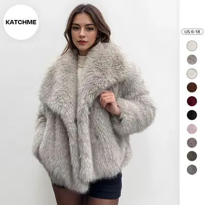 KatchMe Women's Luxurious Oversize Solid Color Wide Lapel Snap Closure Fuzzy Thermal Outerwear, Fall & Winter Long Sleeve Out...