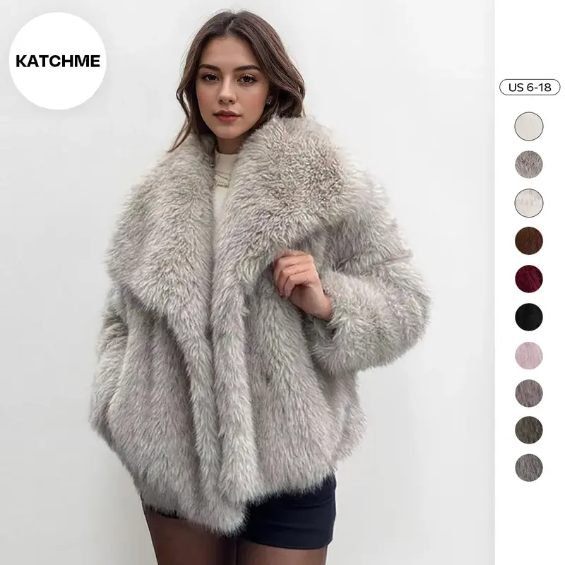 KatchMe Women's Luxurious Oversize Solid Color Wide Lapel Snap Closure Fuzzy Thermal Outerwear, Fall & Winter Long Sleeve Out...