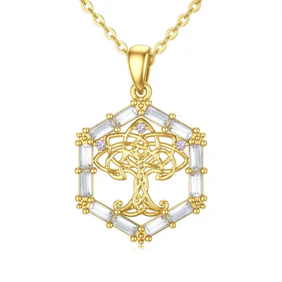 9K Gold Round Cubic Zirconia Tree Of Life & Celtic Knot Pendant Necklace