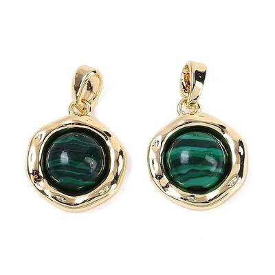Brass Pave Synthetic Malachite Flat Round Charms