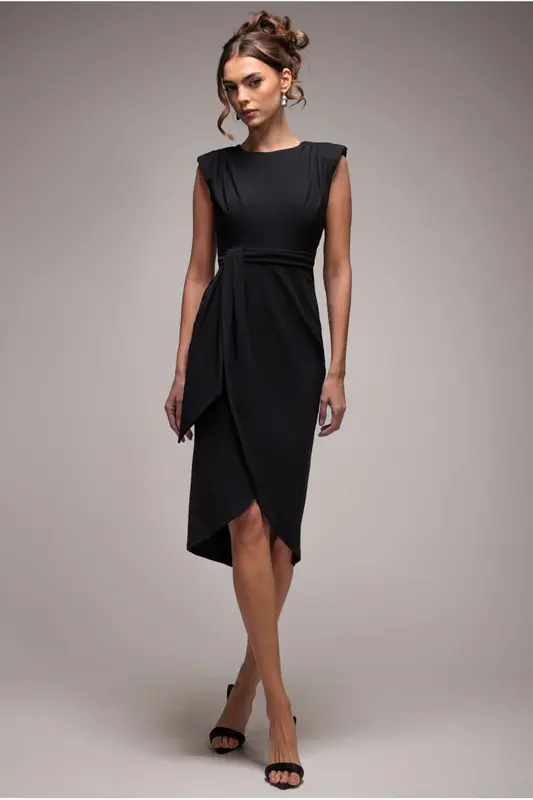 Goddiva Sleeveless Asymmetric Wrap Midi Dress - Black