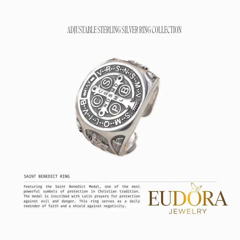 EUDORA Adjustable Sterling Silver Ring Collection Saint Benedict St.Michael Tree of Life Tetragrammaton Spiritual Jewelry For...