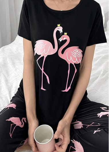 Modlily Black Short Sleeve Round Neck Lounge Top and Pants - M