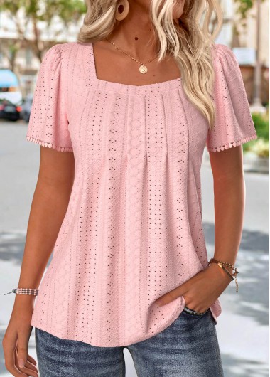 Modlily Light Pink Short Sleeve Square Neck T Shirt - XXL