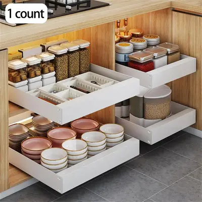 Pull Out Drawer Organizer, 1 Count Punch-free Seasoning Bottle and Bowl Storage Racks, Slide Out Storage Tray for Kitchen, Ho...