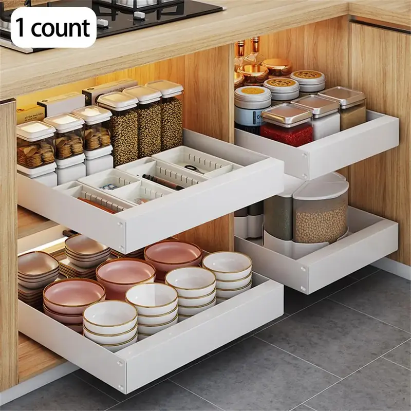 Pull Out Drawer Organizer, 1 Count Punch-free Seasoning Bottle and Bowl Storage Racks, Slide Out Storage Tray for Kitchen, Ho...