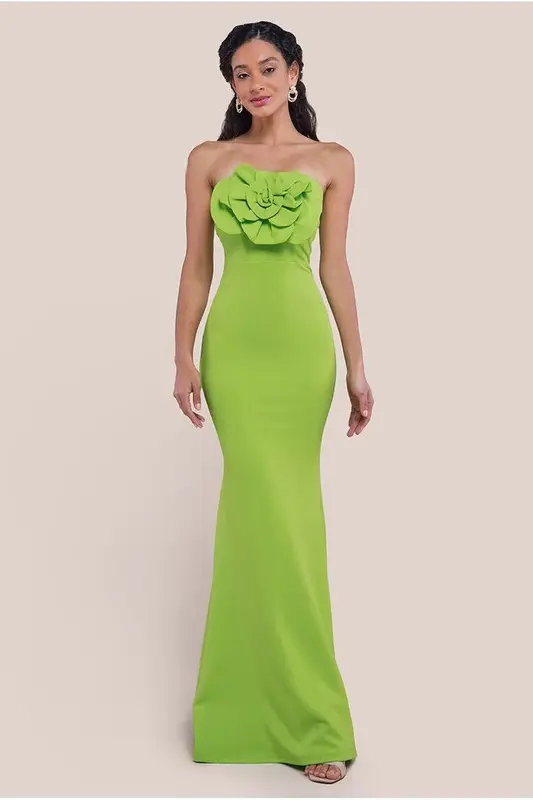 Goddiva Scuba Crepe Bandeau Rose Maxi Dress - Lime Green