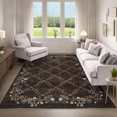 Garvee Floral Brown 5x7 Washable Area Rugs for Living Room: Modern Floral Non Slip Large Area Rugs for Bedroom, Large Machine...