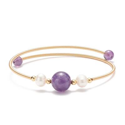 Natural Amethyst & Pearl Round Beaded Bangle