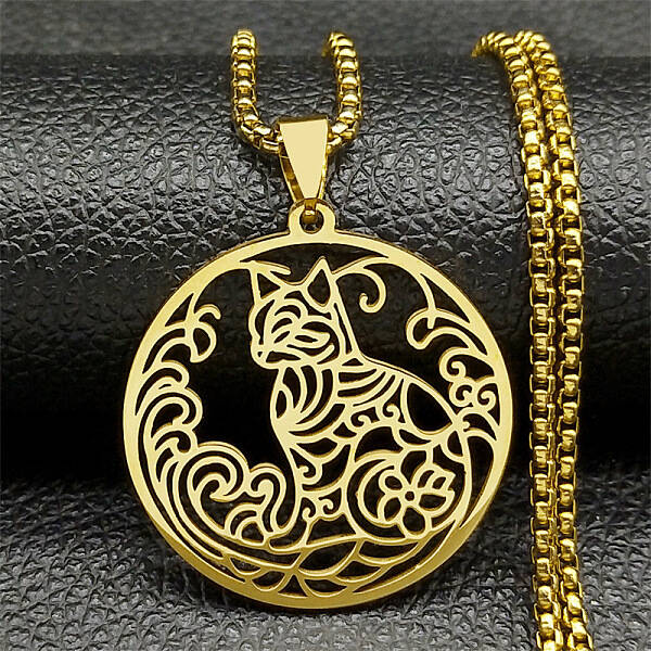 Ring with Cat Shape Pattern 304 Stainless Steel Pendant Necklaces for Men Women