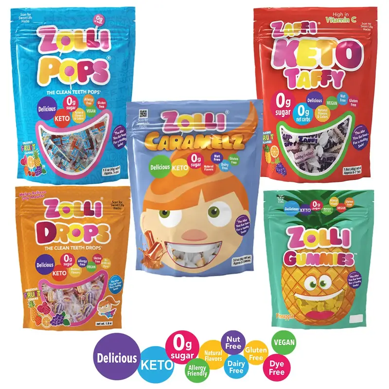 Zolli Candy Sampler Pack 5 Bags - Zero Sugar Lollipops, Taffy, Drops, Gummies, and Caramelz sweet snack Variety