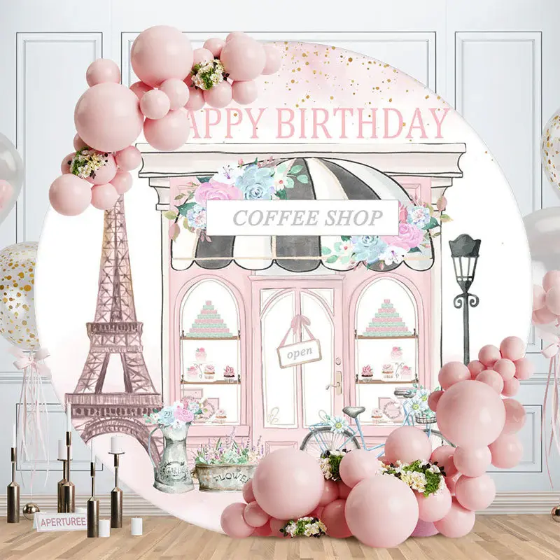 Pink Eiffel Flower Coffee Shop Birthday Backdrop - Aperturee