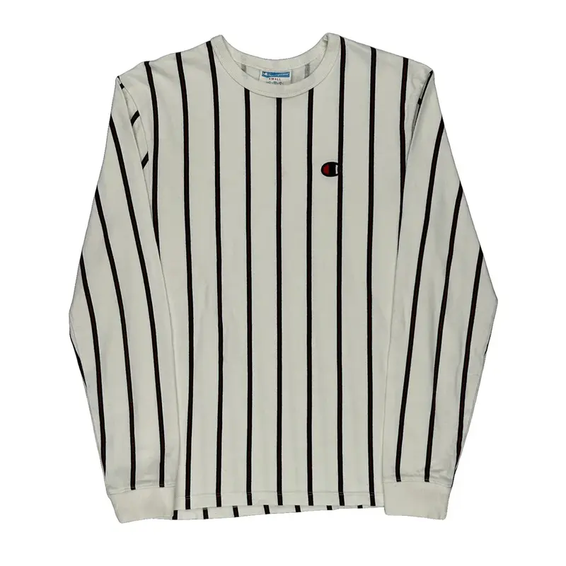 Champion Striped Long Sleeve T-Shirt - Small White Cotton