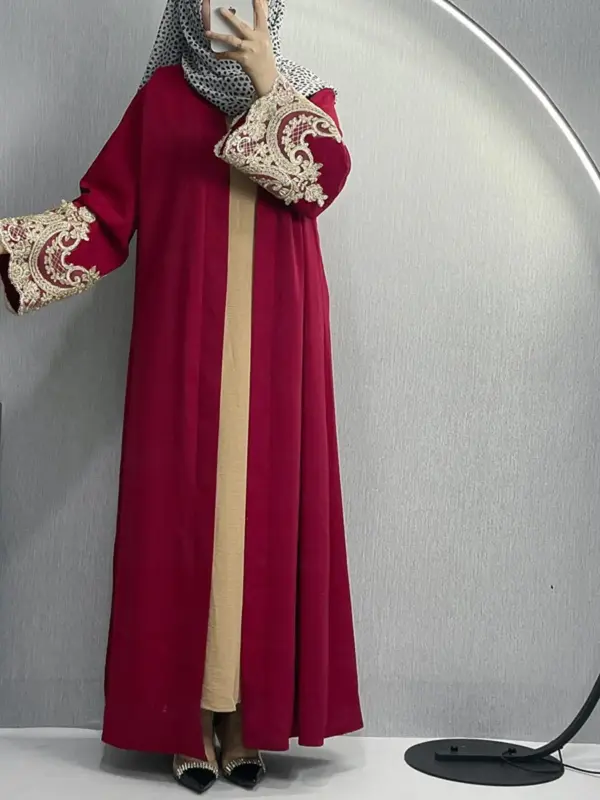 Arabic Clothing-Contrast Lace Embroidery Abaya Without Hijab, Modest Tie Front Flounce Sleeve Abaya, Women's Islamic Clothin...